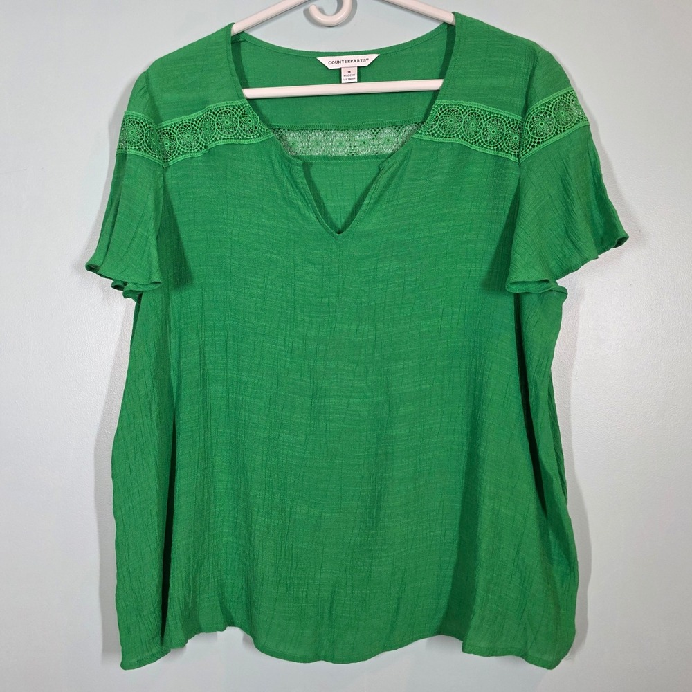 Counterparts Green Crochet Lace Trim Blouse‎ Cap Sleeve Plus 1X 2911924HA Resort